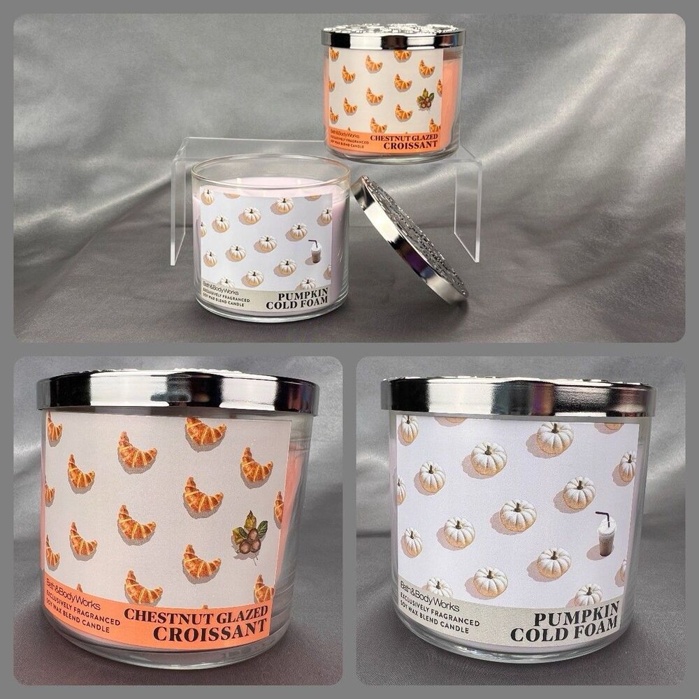 2 Bath Body Limited Edition 3-Wick Candles Pumpkin Cold Foam +‎ Glazed Croissant